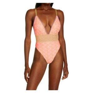 River Island Zigzag Plunge One-Piece Swimsuit, Size 4 Us in Coral